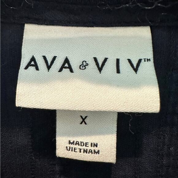 AVA & VIV | Navy Blue Mixed Fabric Knit Blouse Tie Front Short Sleeve Top | 14 - Picture 5 of 6